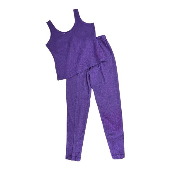 Louie Bernard Vtg Set Tank Top & Pull-on Pants Purple Sparkle High Waist Size L - Picture 2 of 16